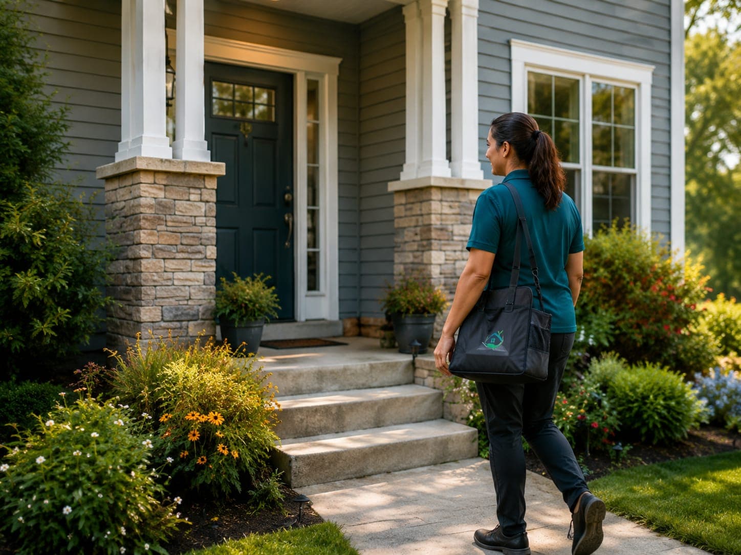 A Care Professional with a shoulder bag walking up the front path toward a home's front door