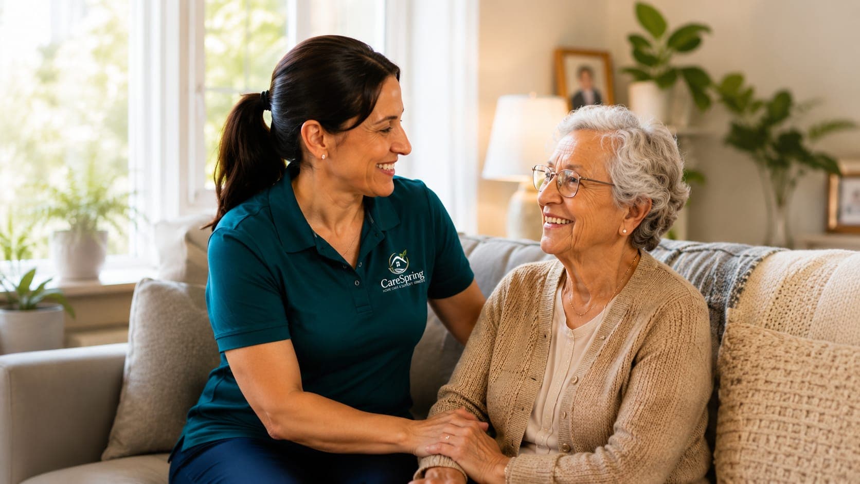 A Care Professional smiling and holding hands with an older woman as they sit together on a sofa in a bright living room