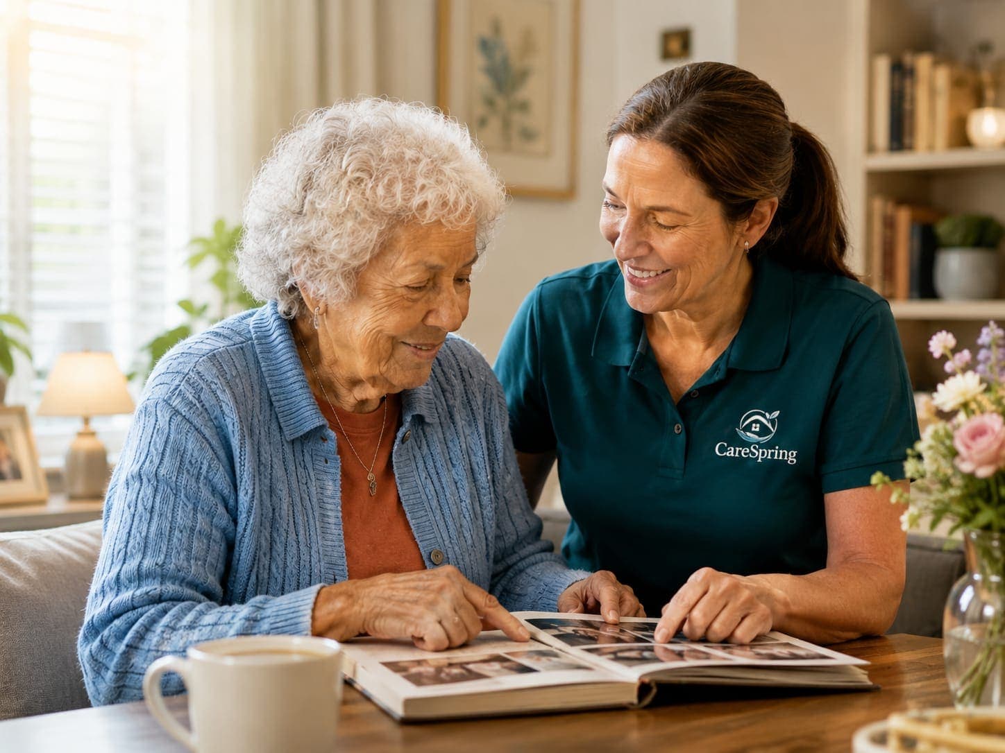 Two people looking through a photo album together at a table in a bright living room, one wearing a teal polo shirt with a CareSpring logo