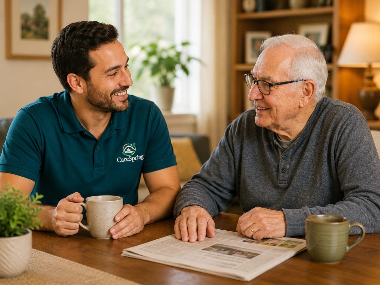 Two people smiling and talking together at a table with mugs and a newspaper in a bright home, one wearing a teal polo shirt with a CareSpring logo