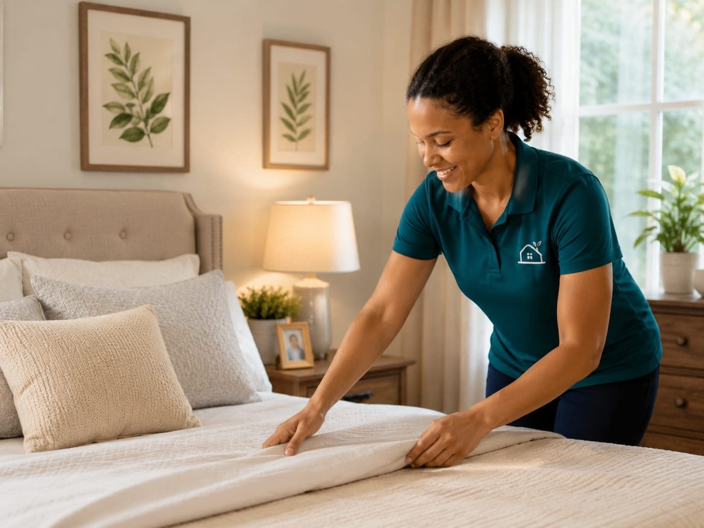 A person in a teal polo shirt with a CareSpring logo smiling while making a bed in a bright bedroom