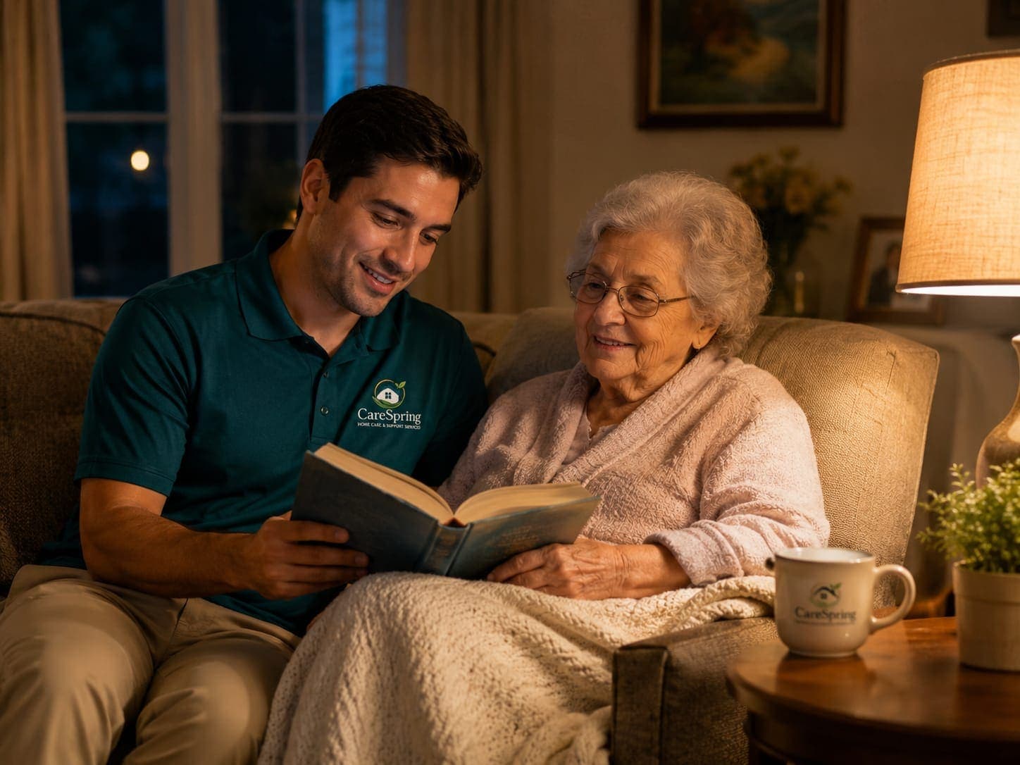 Two people sitting together on a sofa in the evening, looking at an open book in a warmly lit living room
