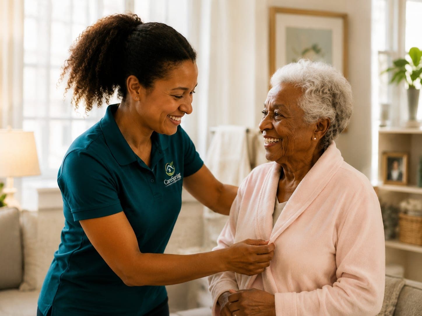 Two people smiling at each other in a bright home, one in a teal polo shirt with a CareSpring logo gently adjusting the other's robe
