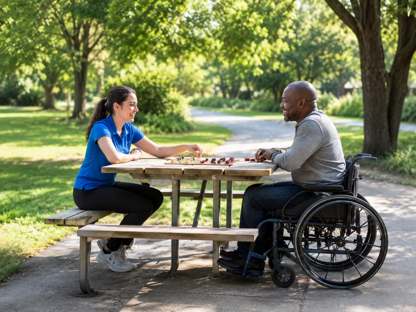 A care professional and a man in a wheelchair playing checkers at a picnic table in a sunny park