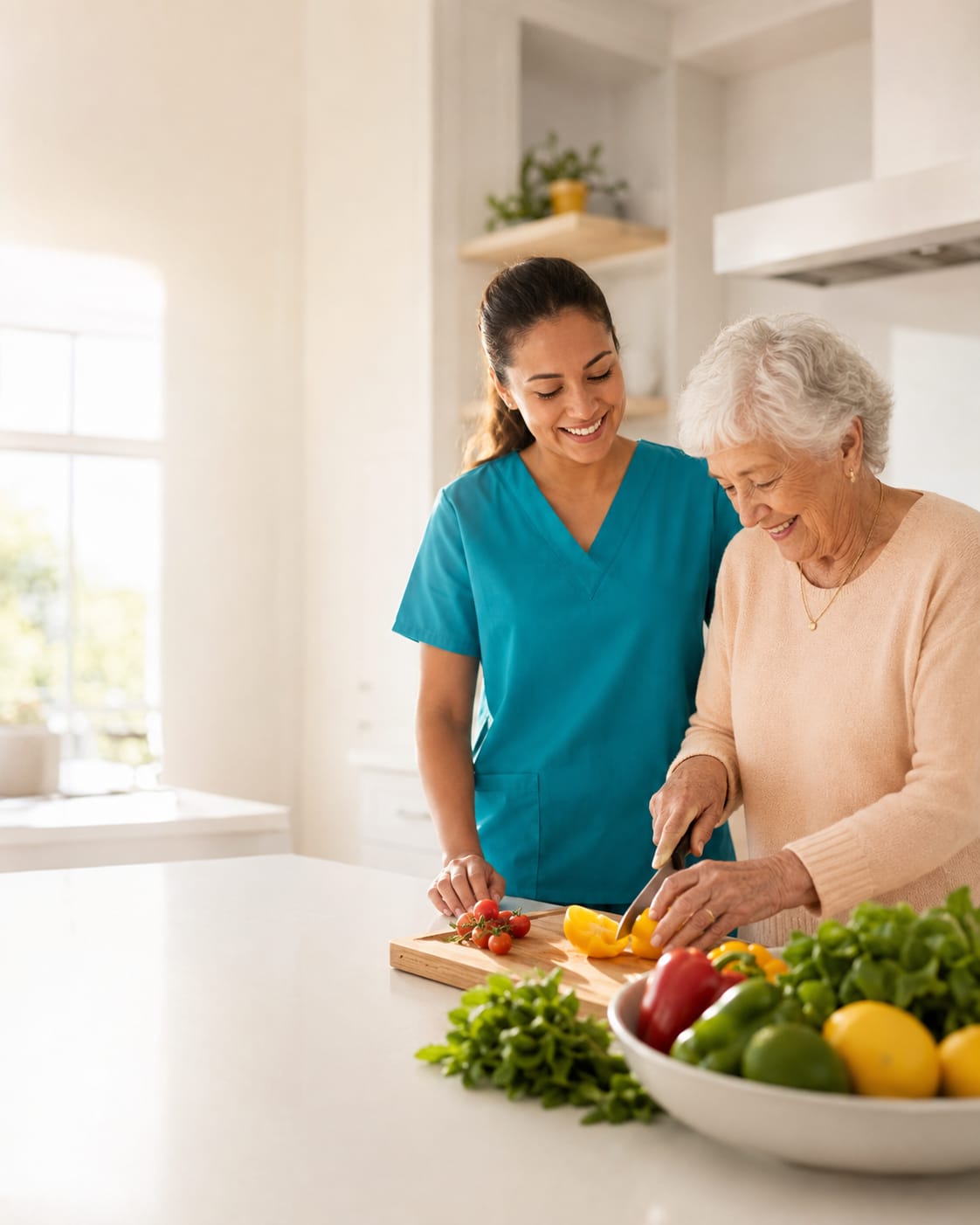 A care professional and an older woman preparing fresh vegetables together in a bright kitchen