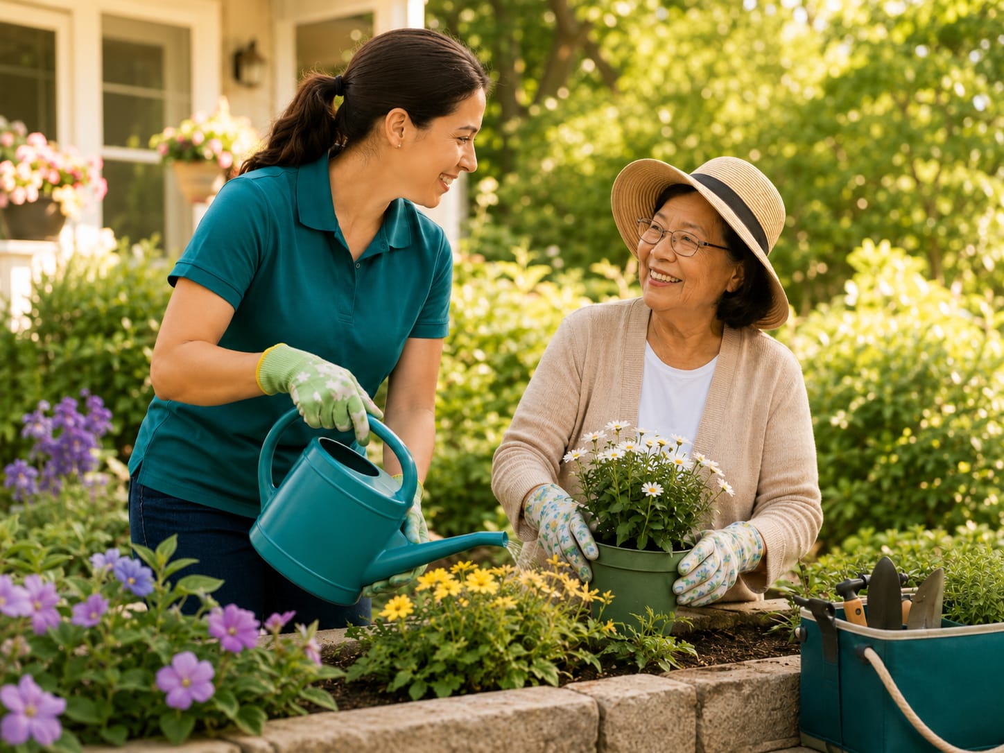 A care professional and an older woman gardening together beside a raised flower bed